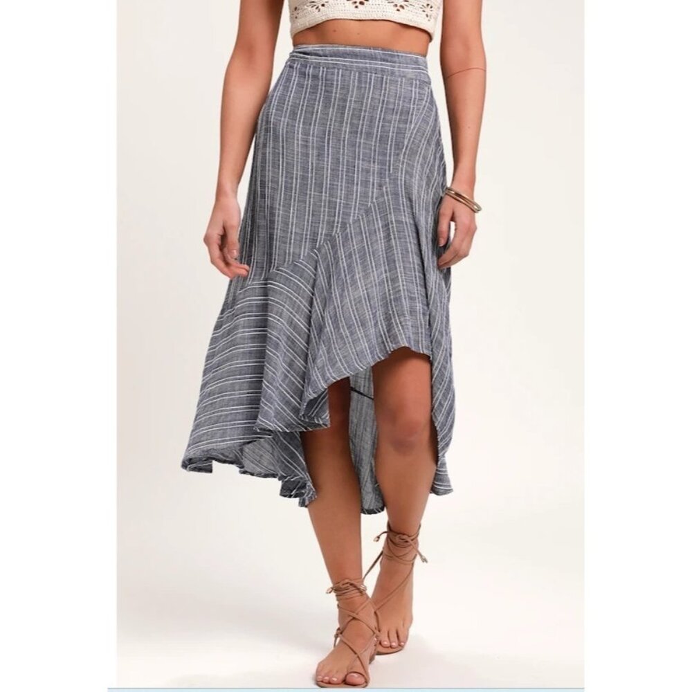New Lulus Midi Skirt  Sz S Blue White Stripe Asymmetrical Ruffle Hem High Low